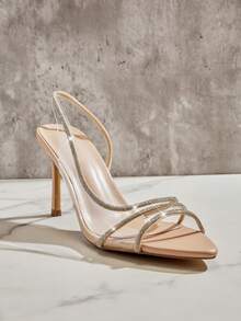 SHUZIA #EveningLuxe 女士裸色透明水钻细带高跟鞋 – 优雅婚礼及派对凉鞋 - 米色 - 查看 4