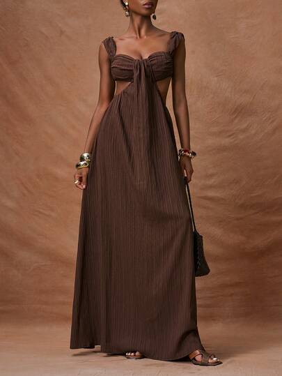 Zivah 2026 Spring/Summer New Arrival Valentine's Day, Music Festival, Easter, Western, Nomadic, Bohemian, Nashville Style Party, Wedding, Evening, Date, Gathering, Birthday, College, Student, Daily Wear, Basic Versatile, Casual, Vacation, Cruise Travel, Beach, Sunbathing, Trending, Elegant, Commute, Business Casual Square Neck High Waist Cutout Front Pleated Waist Maxi Dress Vertical Texture Fabric Spring/Summer Dress Brown Maxi Dress Casual Dress Vacation Dress Women's Dress