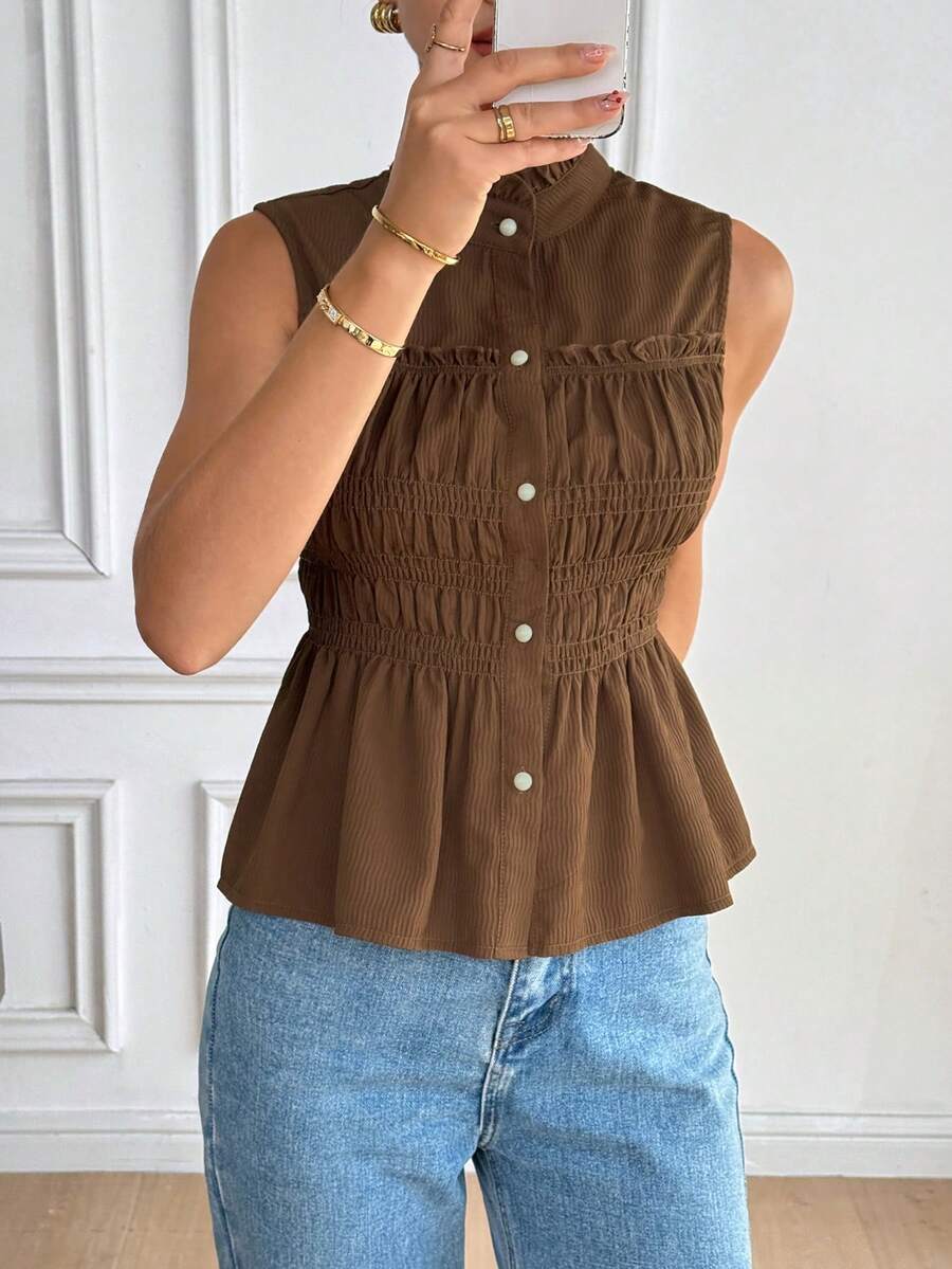 Serisse Women's Summer Casual/Work Solid Color Front Button Ruffle Hem Blouse Brown Tops For Women Brown Blouse Elegant - Coffee Brown - View 1