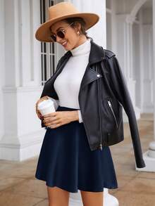 SHEIN Frenchy Solid Color High Waist Elegant Fashion Skirt, Suitable For Daily Commute Spring - Navy Blue - View 5