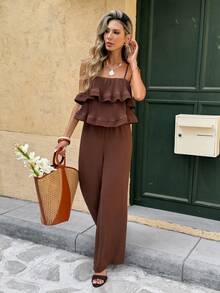 Serisse Damen Sommer Lässig Modischer Resort Stil einfarbiger Volant Träger Weite Bein Jumpsuit - Kaffeebraun - Übersicht 6