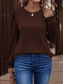 EMERY ROSE Fashionable Casual New Puff Sleeve Round Neck Plus Size T-Shirt - Coffee Brown - View 3