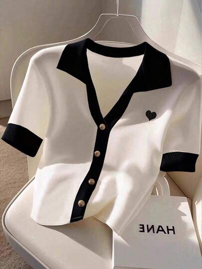 Franclia 女士撞色 Polo 领开衫短袖 T 恤，带刺绣