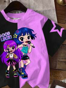 SHEIN 紫色撞色暗夜黑，卡通女孩，K-Pop巨星，少女休闲简约短袖圆领T恤 - 彩色 - 查看 7