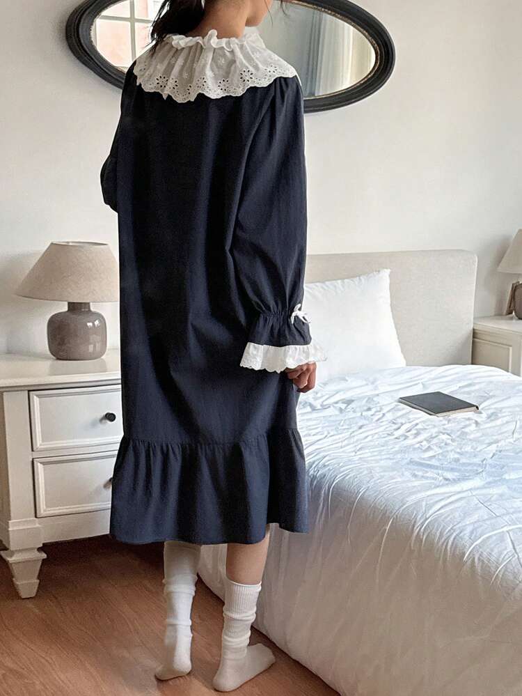 Sweet Contrast Color Ruffle Trim Loose Long Women Nightgown