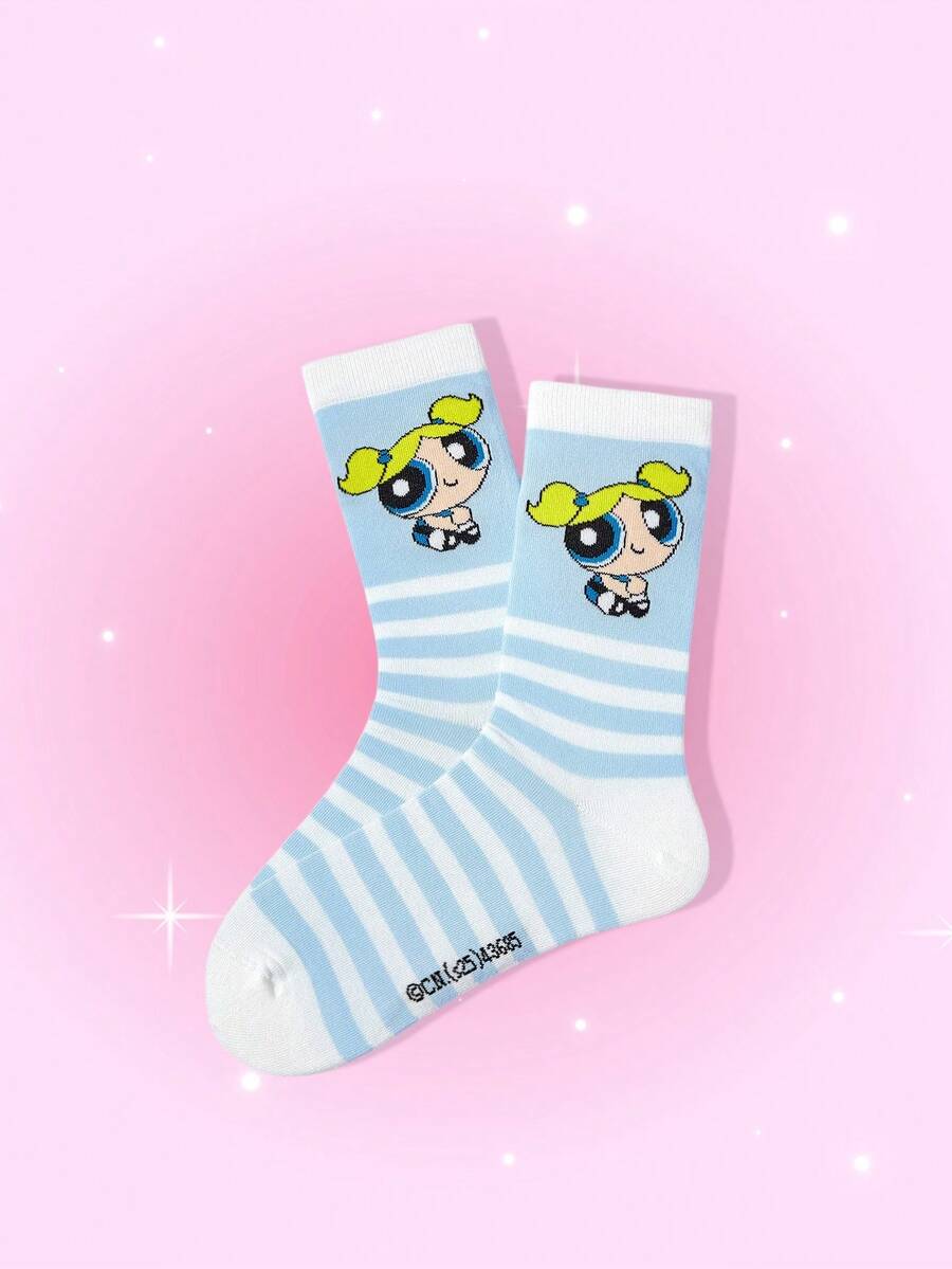 THE POWERPUFF GIRLS X SHEIN 1双女式条纹泡泡可爱中筒袜 - 藍色 - 查看 1