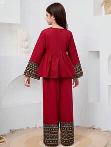SHEIN Tween Girl Burgundy Autumn Wedding Guest Striped Patchwork Ruffle Trim Round Neck Long Sleeve Top And Straight Leg Pants Set,Children's Jalabiya Abaya - Red - View 10