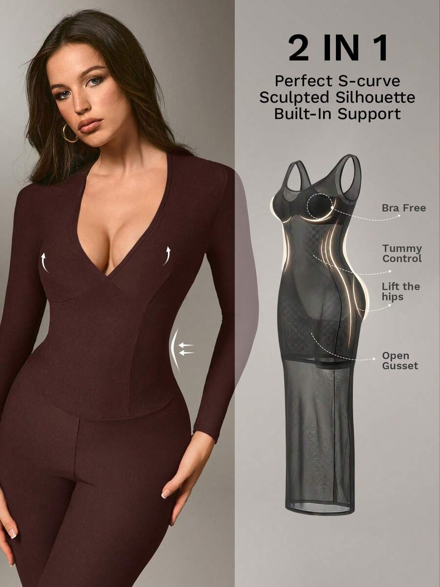 Nuvra 女士长袖V领双层塑身裤，带衬里，收腰提臀 - 棕色 - 查看 1