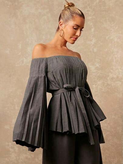 Lumalex Early Spring NecklineInFocus 1pc Women Off-Shoulder Ruched Flare Sleeve Loose Waist Tie Blouse Luxury NewYearNewLook QuietLuxe Prom Gathering Party Banquet Modest Old Money Glitter Holiday Party Rave Festival Outing Vacation Hot Outdoor Richly Layered Wedding Season Banquet ID Al-Adha Al-Adha Party New Year Looks Of Party Gala Night Party Dress For Early Spring