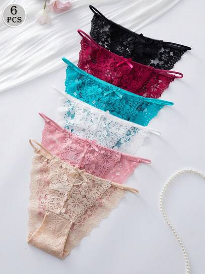 6条装多色花卉蕾丝丁字裤，无缝女士内裤
