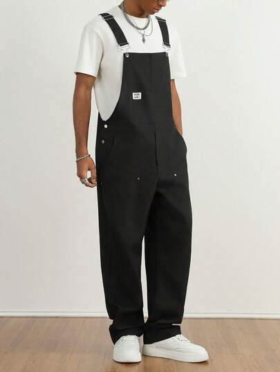 TOKVUE Men's Solid Color Fashionable Loose Casual Versatile Bib Pants