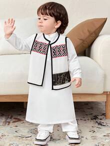 SHEIN 男婴几何图案背心和长袖衬衫两件套，适合正式场合、生日派对、锐舞派对、晚宴、表演、婚礼、迎婴派对和一周岁生日庆祝活动。