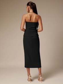 Silquee 女士时尚纯色抹胸西装外套和开衩半裙套装 - 黑色 - 查看 2