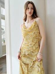 Aveloria Modichic Yellow & White Chiffon Floral Print Dress, Ruffled Draped Neck Spaghetti Strap Design Highlights Romantic & Sweet Style, Lightweight Suitable For Dates & Afternoon Tea