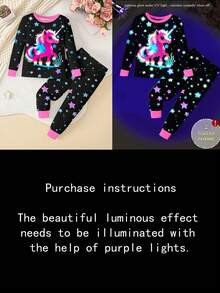 2 Piece Sets Snug Fit Night Wear Kids  Toddler Girls' Cute Unicorn Print Colorful Star Lighting Up Round Neck Knit Pajama Set, Comfortable Casual Tight Fitting Long Sleeve Top And Pants, Black Unicorn Clothes For Girls Snug Fit .This Product Requires UV Light Exposure To Glow.