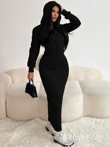 Chiquease 两件套女士休闲连帽拉链外套，收腰设计，弹性针织露背连衣裙，保暖内衬，适合秋冬季节穿着。 - 黑色 - 查看 6