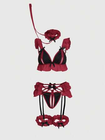 Kawaii 6 pièces Ensemble de lingerie sexy avec découpes ajourées et volants colorés