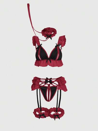 Kawaii 6-teiliges süßes Farbblock sexy Dessous-Set mit Rüschenbesatz, Cut-Out