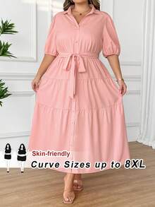 SHEIN CURVE+ Đầm maxi dáng chữ A tay ngắn màu trơn cho nữ cỡ lớn năm 2025, phối bèo nhún, thích hợp cho mùa xuân, dành cho người có thân hình đầy đặn, kiểu dáng Hoho Vacation. - Hồng - Xem 9