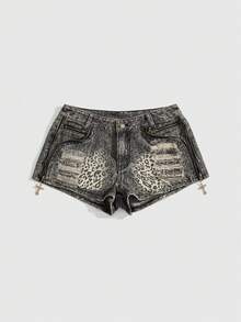 ROMWE J-Fashion Y2K Baddie Leopard Print Metallic Rhinestone Colorblock Zipper Decor Distressed Super Low-Rise Mini Denim Shorts - Multicolor - View 1