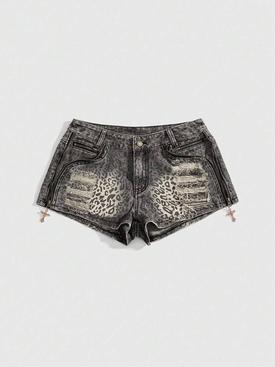 ROMWE J-Fashion Y2K Baddie Leopard Print Metallic Rhinestone Colorblock Zipper Decor Distressed Super Low-Rise Mini Denim Shorts - Multicolor - View 1