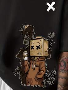 Manfinity Dauomo Men's Casual Cartoon Graphic Short Sleeve Dropped Shoulder T-Shirt, Summer - Black - View 3