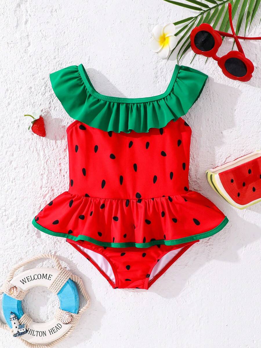 SHEIN Emery Rose Kids 女童夏季海滩西瓜印花荷叶边连体泳衣 女童夏季海滩西瓜印花荷叶边连体泳衣 西瓜婴儿泳衣 西瓜婴儿套装 西瓜泳衣 水果泳衣 婴儿连体泳衣带裙 - 紅色 - 查看 1