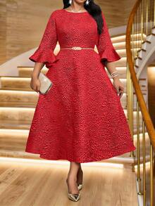 Fleurora 大码圆领喇叭袖荷叶边下摆收腰优雅连衣裙 - 紅色 - 查看 1