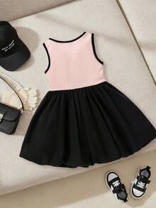 SHEIN Playful Pals 1pc Baby Girls Cute Pink And Black Colorblock Patchwork Ribbed Knit Bowknot Decor Sleeveless Round Neck High Waist A-Line Sundress For Party Summer - Multicolor - View 2