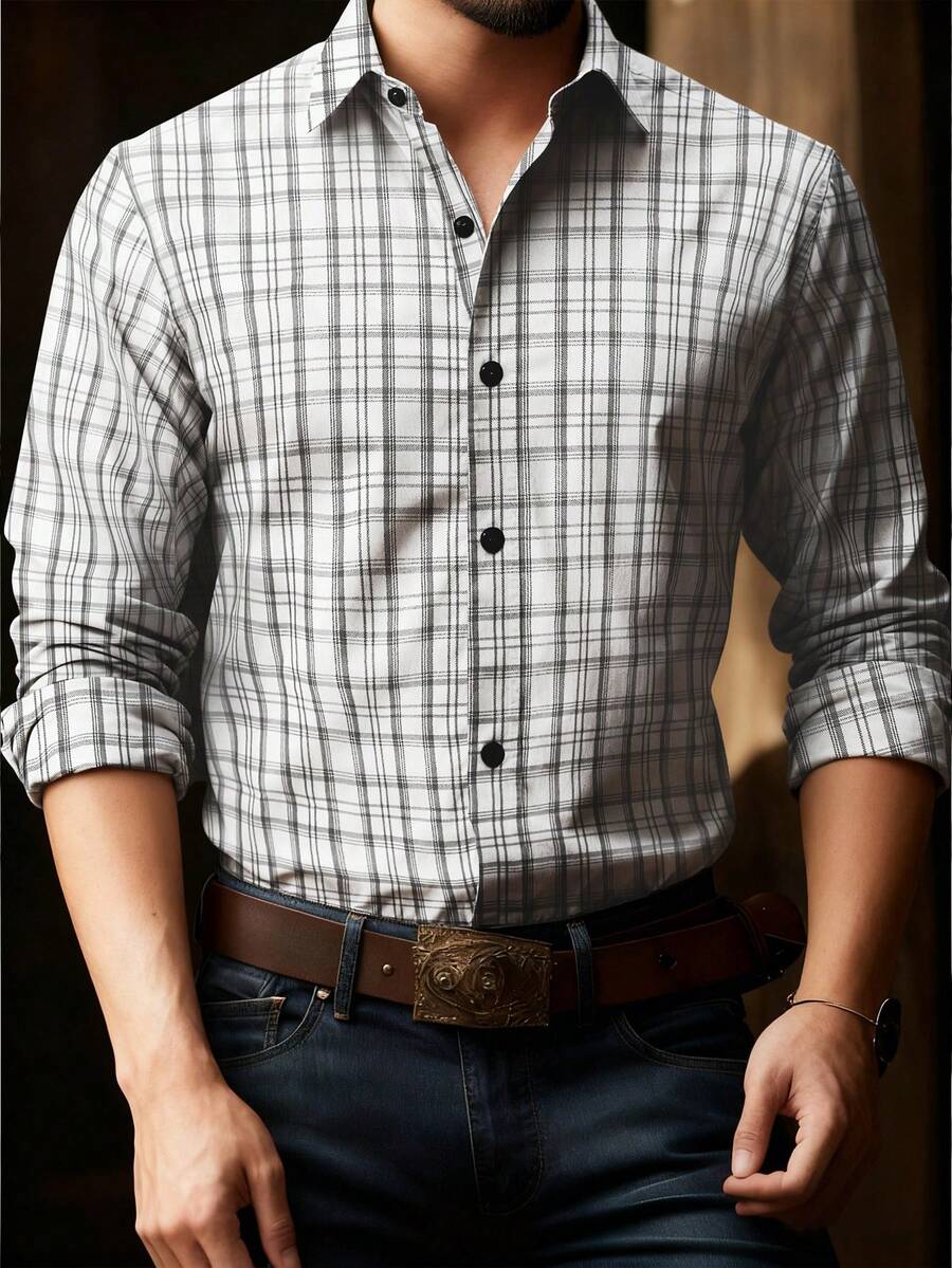 Manfinity Homme Men's Casual Plaid Front Button Long Sleeve Shirt, Autumn Mens Country Shirts Mens Business Casual Shirt Western Wear For Men Ariat Shirt Men - White - View 1