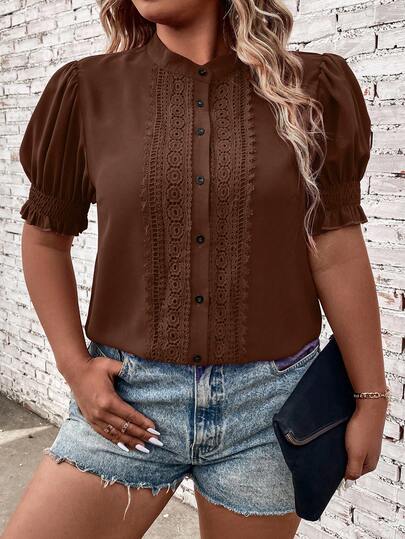 Breezaya Plus Size Solid Color Stand Collar Raglan Sleeve Lace Patchwork Elegant Blouse Brown Blouse Chocolate Brown Top Coffee Brown Top Brown Shirt Women Eyelet Blouse