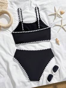 SHEIN 2pcs/Set Tween Girls Simple Black & White Bikini Sets - Black - View 2