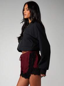 MISSGUIDED Satin Drawstring Shorts With Lace Trim Detail Casual Summer Sleepwear Lounge Bottoms - Burgundy - View 3