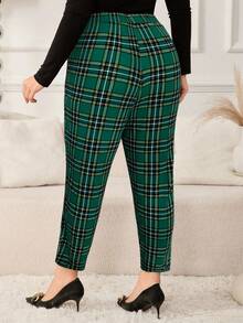 SHEIN Clasi Plus Size High Waist Elastic Plaid Simple Slim Fit Casual Pants,Office For Women - Green - View 2