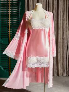 SilkySpell Plus Size Sexy Satin Camisole Dress & Mesh Robe 2 Pieces Sleepwear Set Sexy 2piece Nightgown Bridal Robe Sets Lace Sleepwear Lingerie Robe Set - Baby Pink - View 7