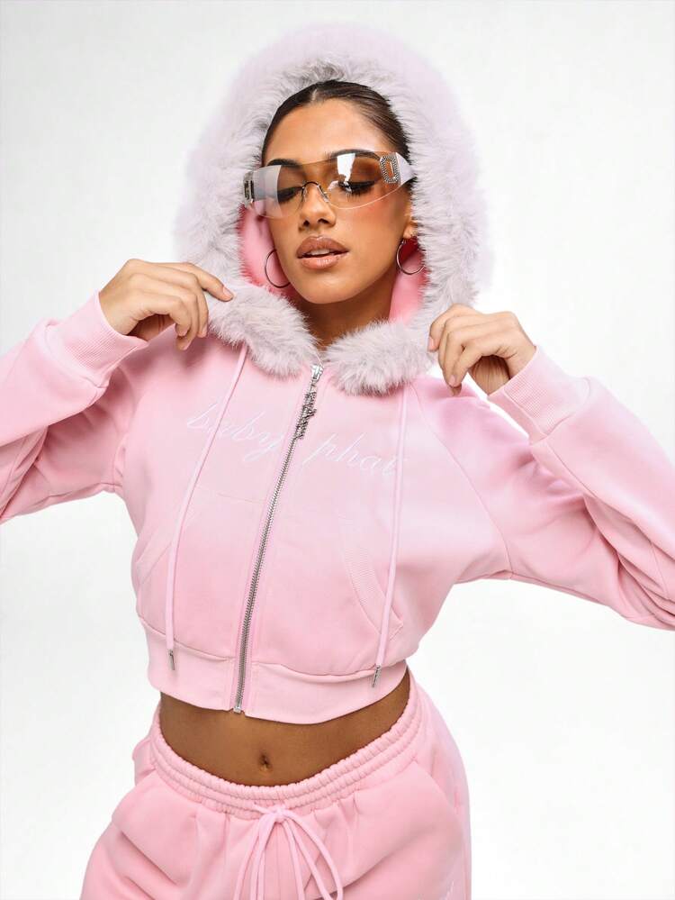 BABYPHAT Cropped Sweatshirt With Faux Fur Trim Hood Drawstring Long Sleeve Pink Sweatshirt Winter Comfort Loungewear Cozy Casual Top