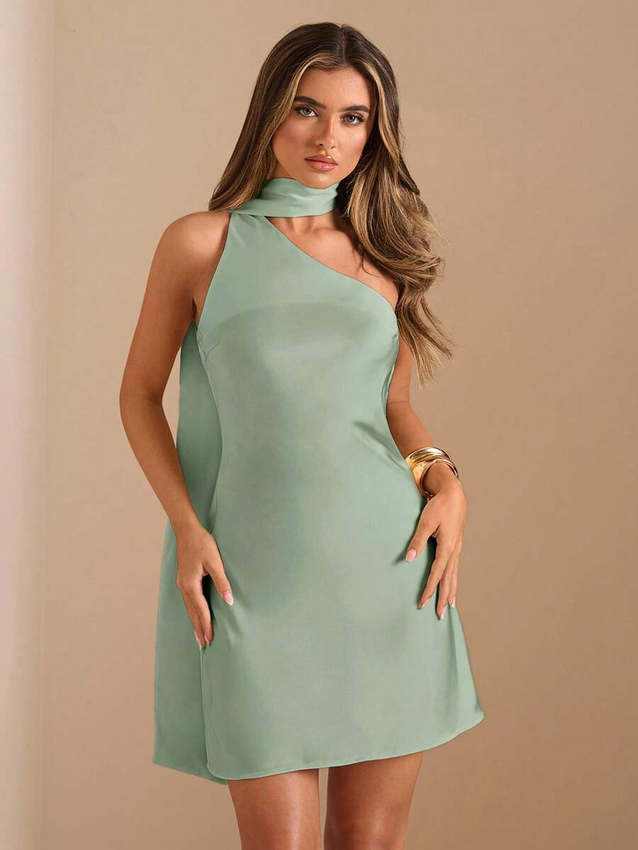 SHEIN BAE 秋冬纯色米黄色不对称露肩露背迷你优雅缎面连衣裙,优雅印花连衣裙,性感露背连衣裙,黄色缎面连衣裙,露背缎面优雅连衣裙,婚礼宾客礼服,伴娘缎面连衣裙,鸡尾酒会礼服,优雅连衣裙 - 薄荷綠 - 查看 1