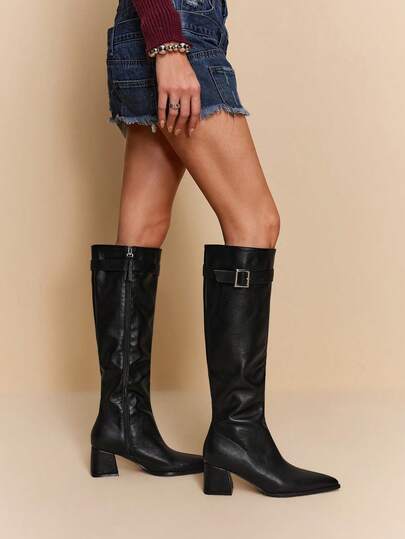 Daringsoles 女士尖头搭扣设计时尚日常百搭高跟过膝长靴