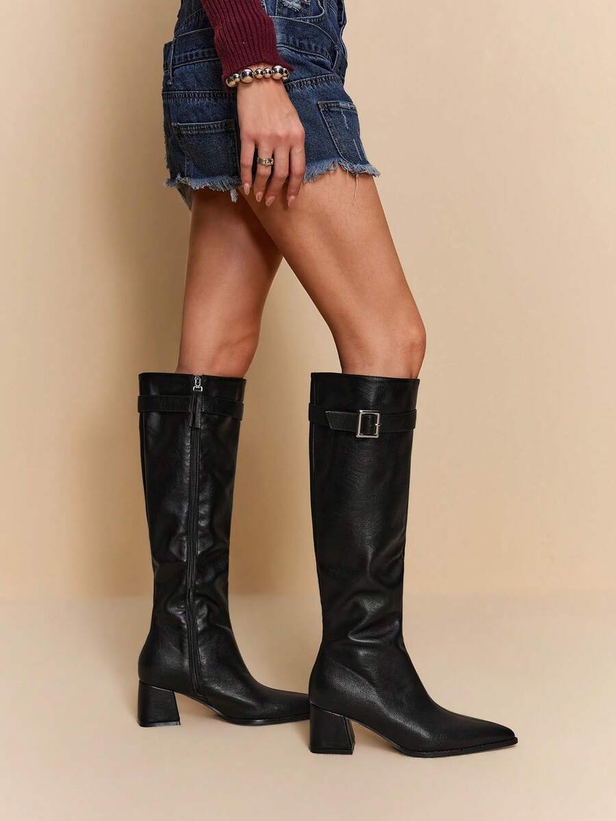 Daringsoles 女士尖头搭扣设计时尚日常百搭高跟过膝长靴 - 黑色 - 查看 1