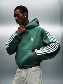PLAYBOY X SUMWON Green Pullover Hoodie With White Striped Sleeves Centre Pocket Drawstring Hood Casual Streetwear Sweatshirt - Green - View 1