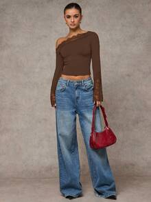 SHEIN BAE Áo thun nữ màu đen trơn, phối ren, cổ lệch, tay loe, dáng ngắn ôm sát, thanh lịch, thích hợp cho hẹn hò, tiệc tùng, dạo phố, sự kiện buổi tối, đi club. - màu nâu - Xem 5