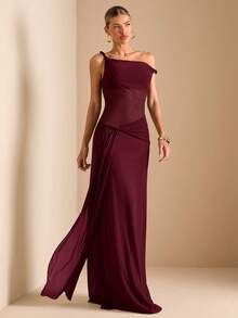 SHEIN BAE Đầm maxi nữ mùa hè bên bờ biển, kiểu dáng lệch vai, bất đối xứng, chất liệu lưới và ruy băng xoắn. - Màu Đỏ Sâu - Xem 4