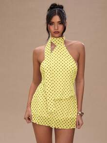 SHEIN BAE Đầm nữ chấm bi cổ yếm hở lưng không tay - Màu vàng - Xem 7