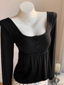 SHEIN EZwear 女士纯色长袖方领 T 恤，夏季时尚 - 黑色 - 查看 3