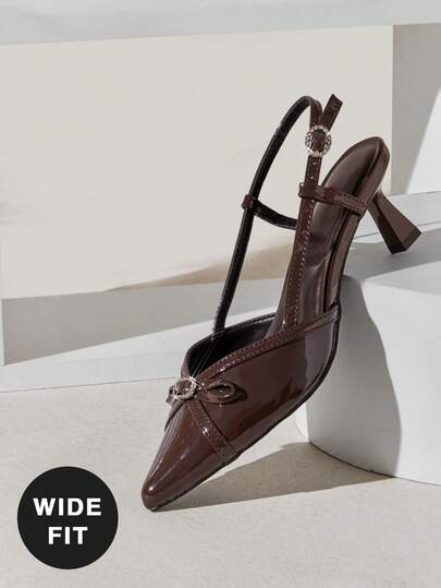 SHUZIA Women's Wide-Fit Elegant Pointed Toe Sling-Back Rhinestone Buckle Bow Decor Kitten Heel Pumps Valentine's Day