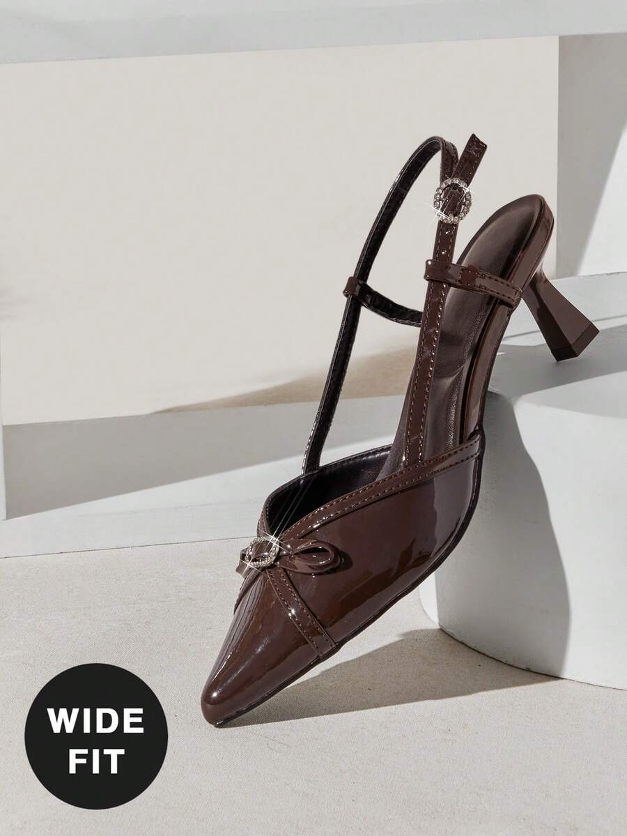 SHUZIA Women's Wide-Fit Elegant Pointed Toe Sling-Back Rhinestone Buckle Bow Decor Kitten Heel Pumps Valentine's Day - Brown - View 1