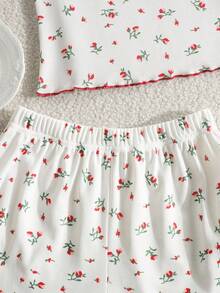SHEIN 3pcs Tween Girls Casual Knit Loungewear Set - Ditsy Floral Camisole, Long Pants, And Shorts - White - View 5