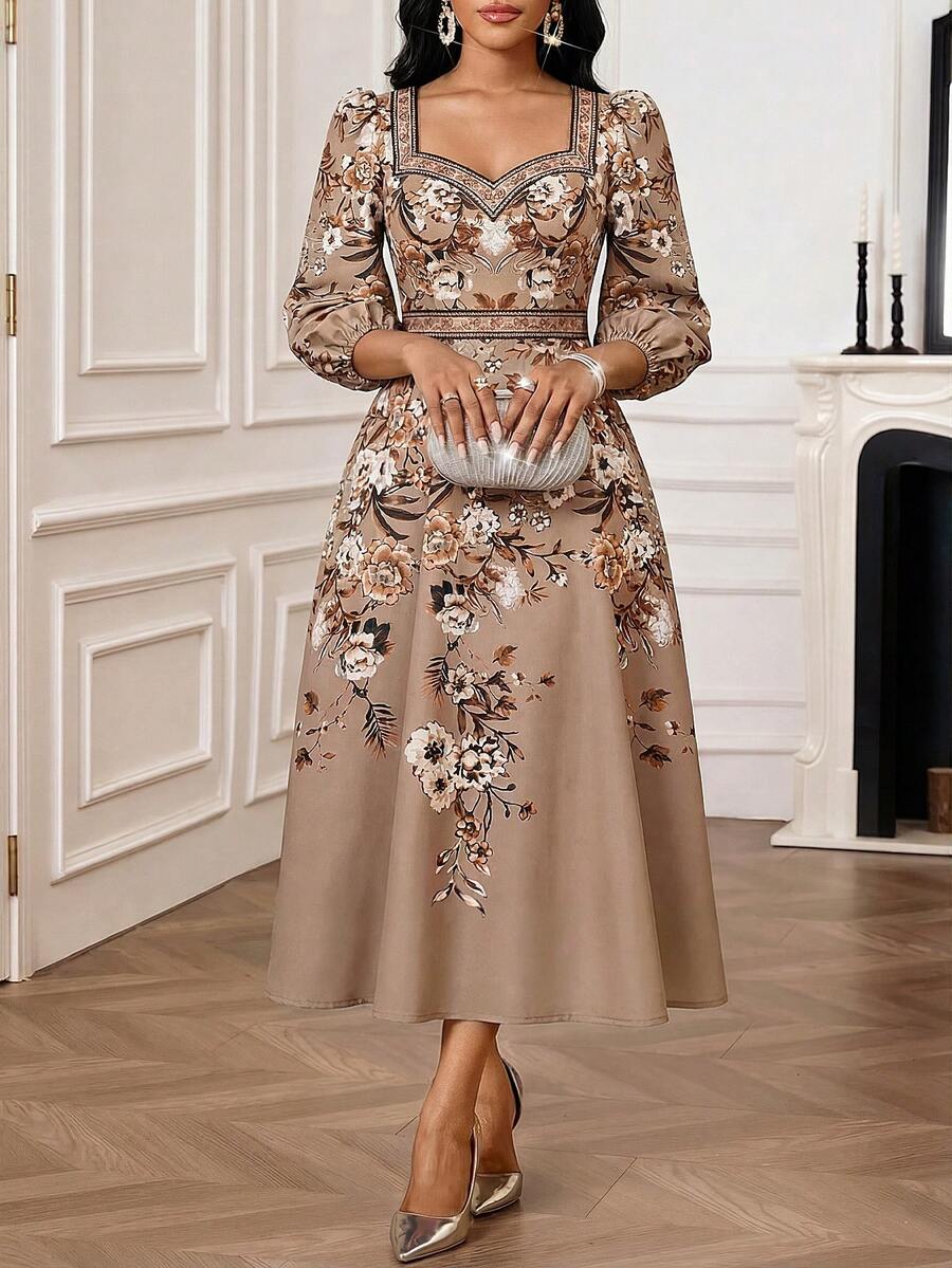 SHEIN Lady 女士碎花甜心领灯笼袖优雅中长连衣裙 - 卡其色 - 查看 1
