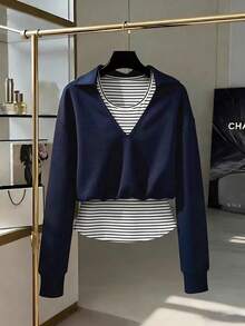 Manfinity Dauomo Women's Casual Striped Lapel Loose Long Sleeve Sweatshirt - Black - View 1