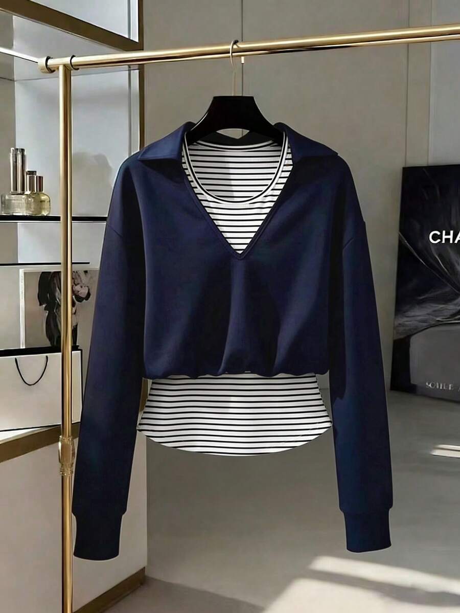 Manfinity Dauomo Women's Casual Striped Lapel Loose Long Sleeve Sweatshirt - Black - View 1